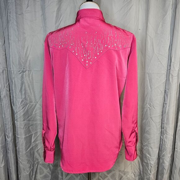 Daniali USA Deep Pink Rhinestone Bling Snap Front Western Cowgirl Shirt Blouse - Picture 3 of 11